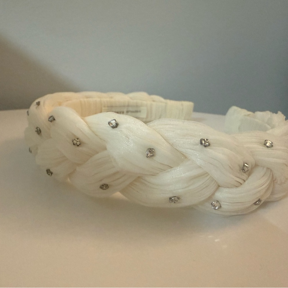 Loeffler Randall White Braided Headband with Rhinestones